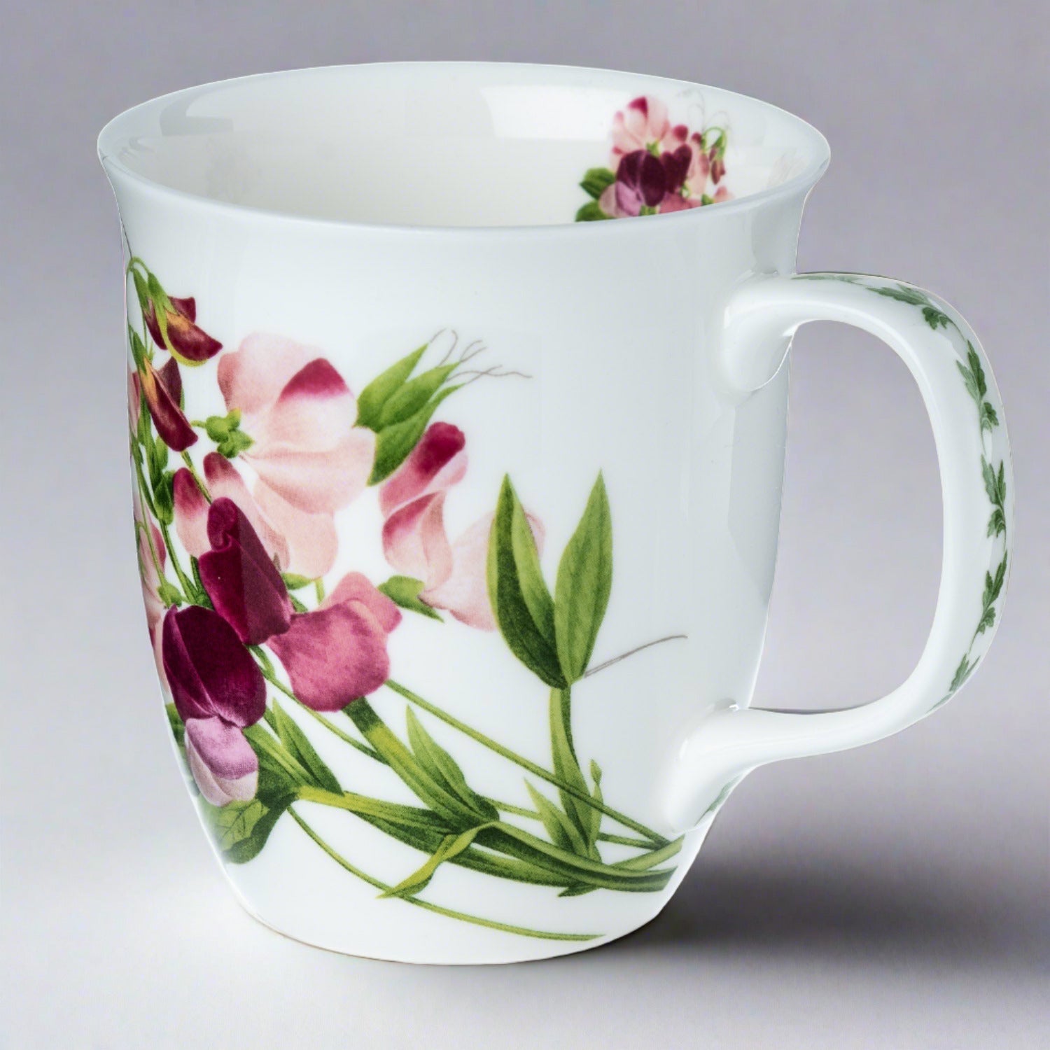 Botanical Flowers Pink Sweet Pea Java Mug in fine bone china, front view, handle right, grey background
