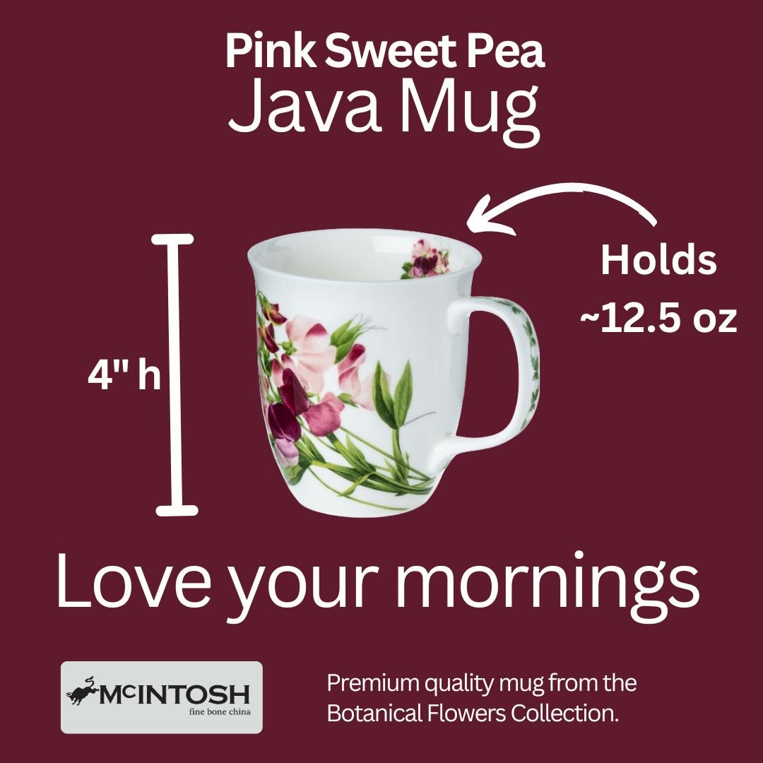 Botanical Flowers Pink Sweet Pea Java Mug size guide in fine bone china, 375 ml (12.5 oz) capacity, 4 in height