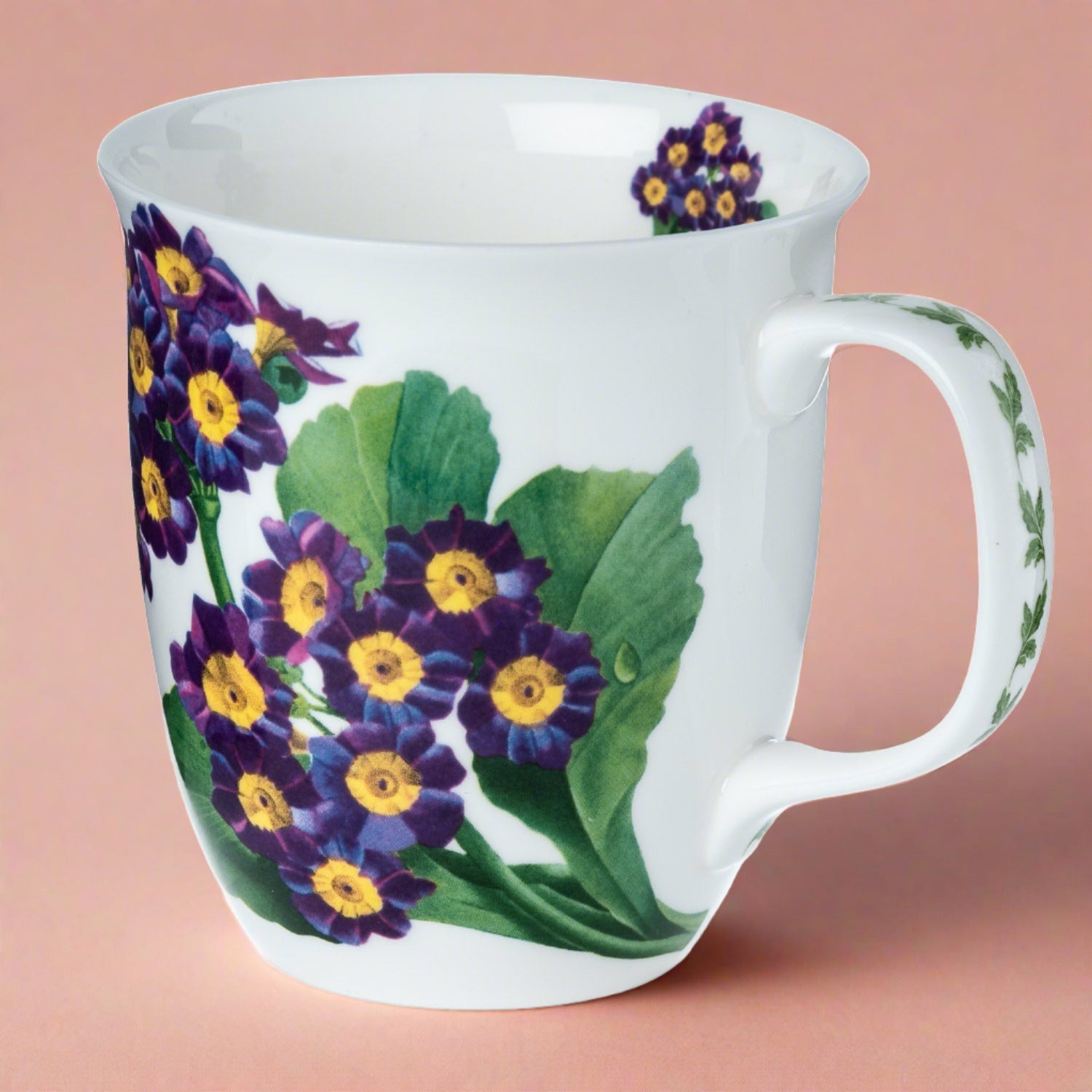 Botanical Flowers Purple Primrose Java Mug in fine bone china, front view, handle right, orange background