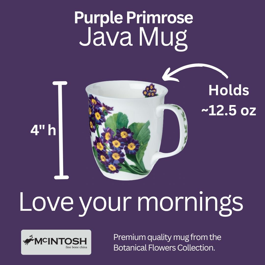 Botanical Flowers Purple Primrose Java Mug size guide in fine bone china, 375 ml (12.5 oz) capacity, 4 in height