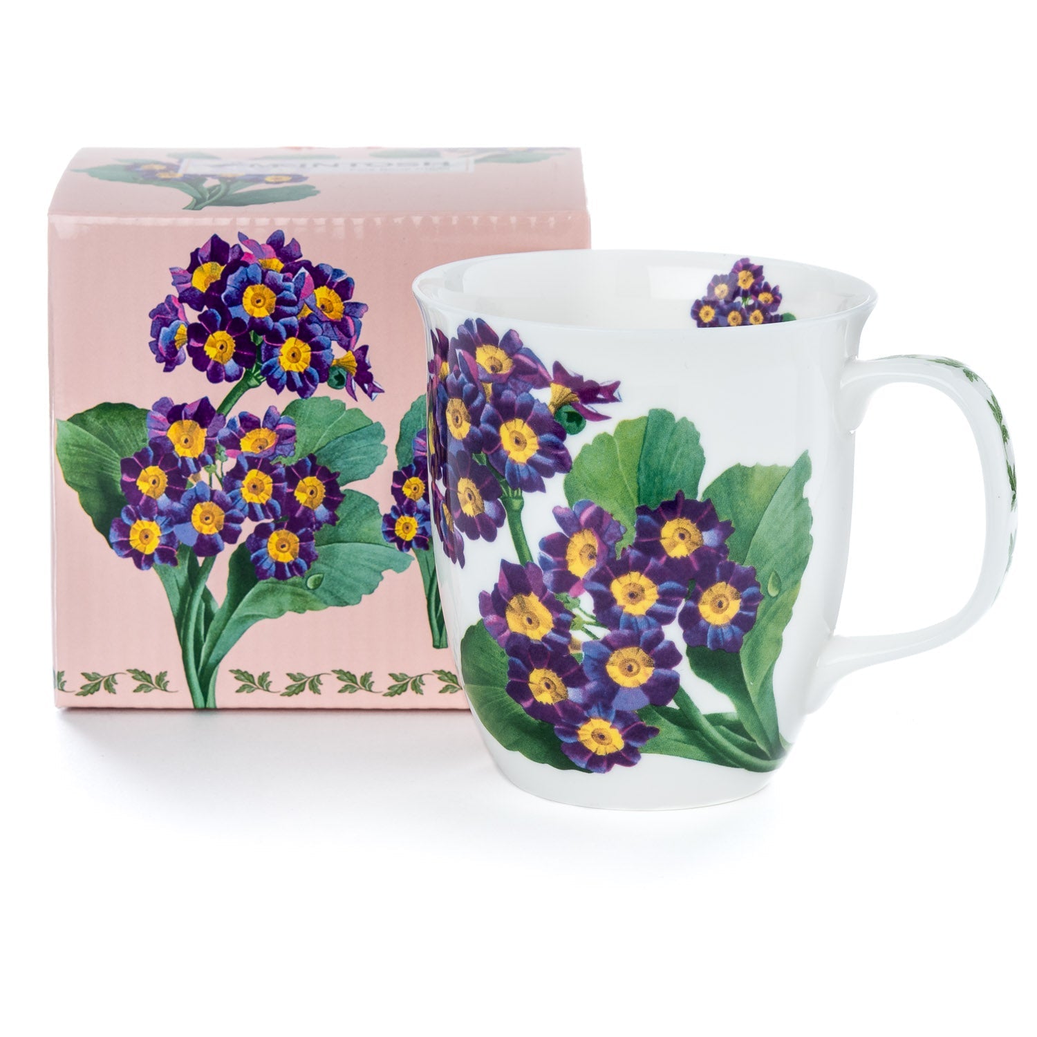 Botanical Flowers Purple Primrose Java Mug with matching gift box, fine bone china
