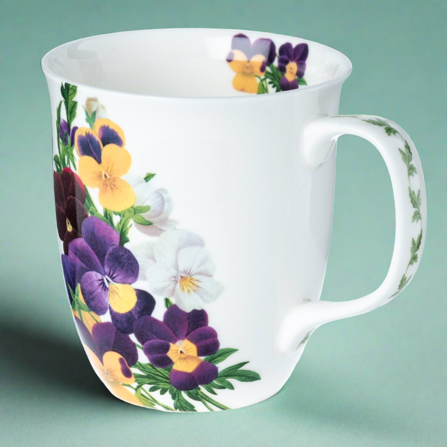 Botanical Flowers Viola Java Mug in fine bone china, front view, handle right, green background