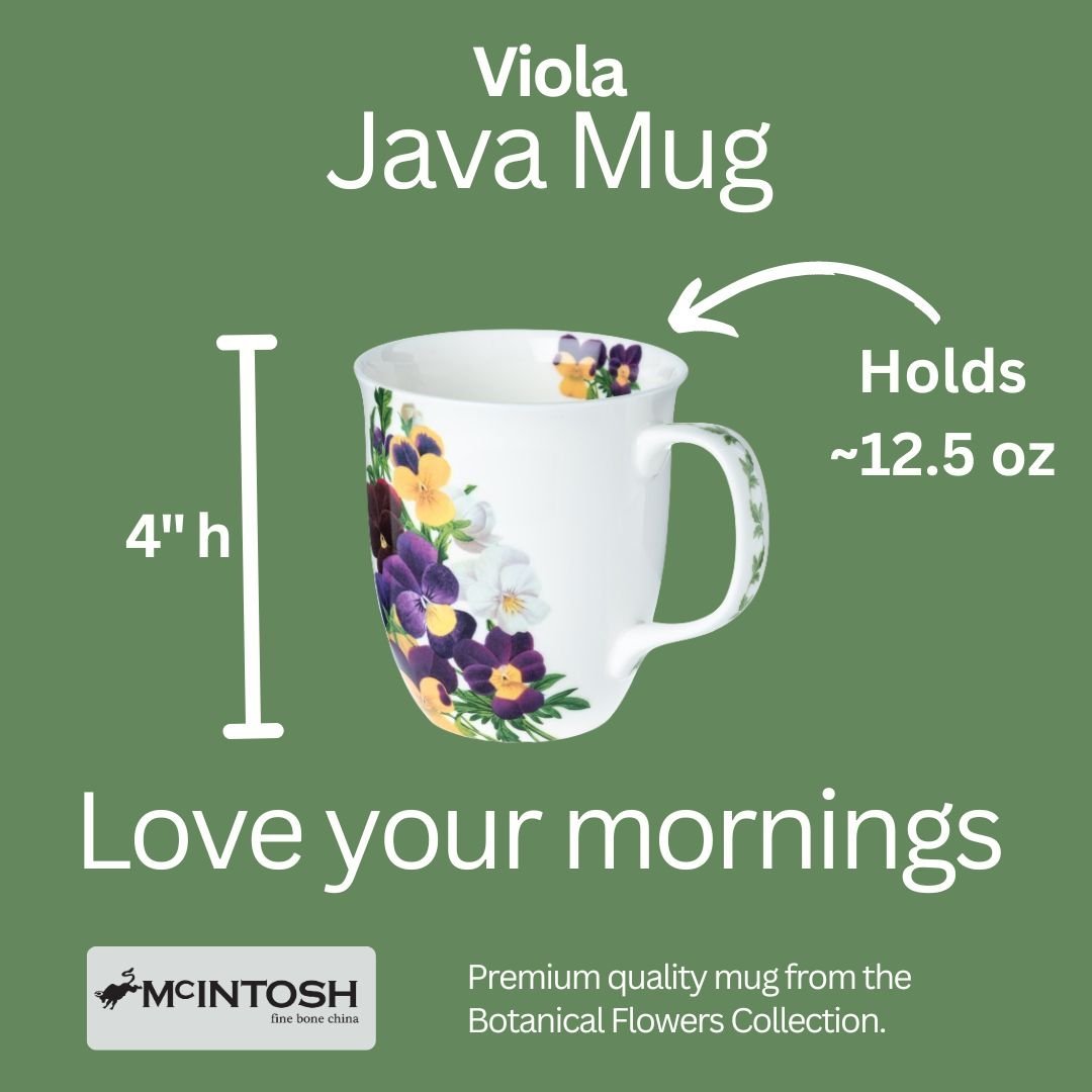 Botanical Flowers Viola Java Mug size guide in fine bone china, 375 ml (12.5 oz) capacity, 4 in height