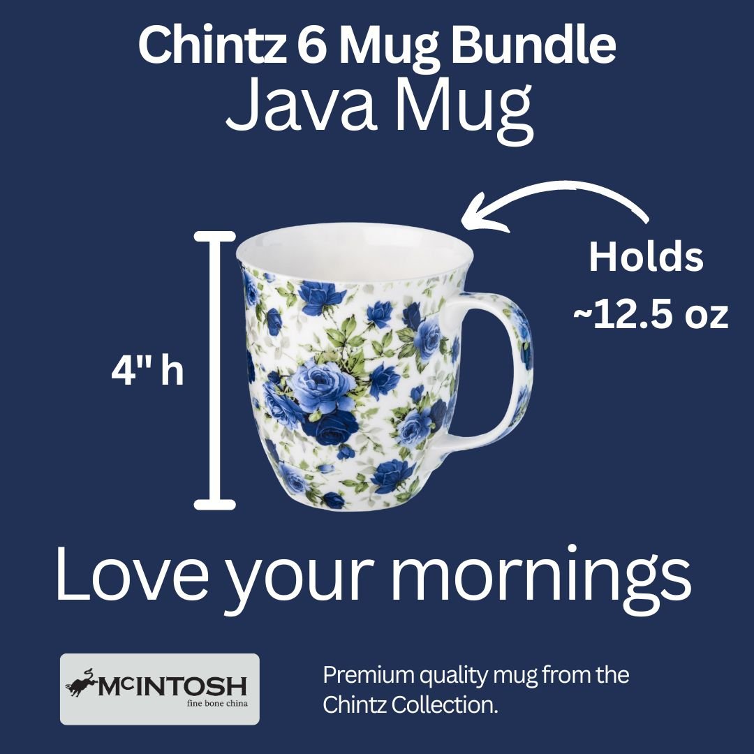 Dark blue roses Java Mug size guide in fine bone china, 375 ml (12.5 oz) capacity, 4 in height