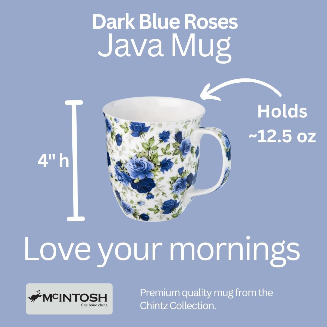 Chintz Dark Blue Roses Java Mug size guide in fine bone china, 375 ml (12.5 oz) capacity, 4 in height