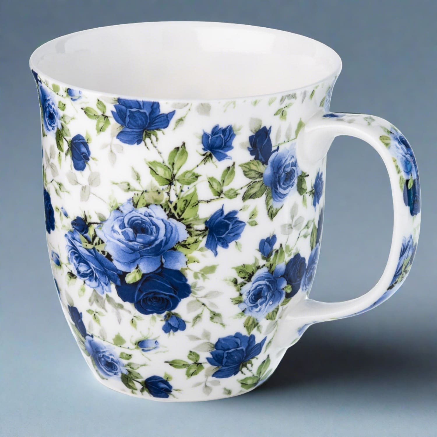 Chintz Dark Blue Roses Java Mug in fine bone china, front view, handle right, blue background