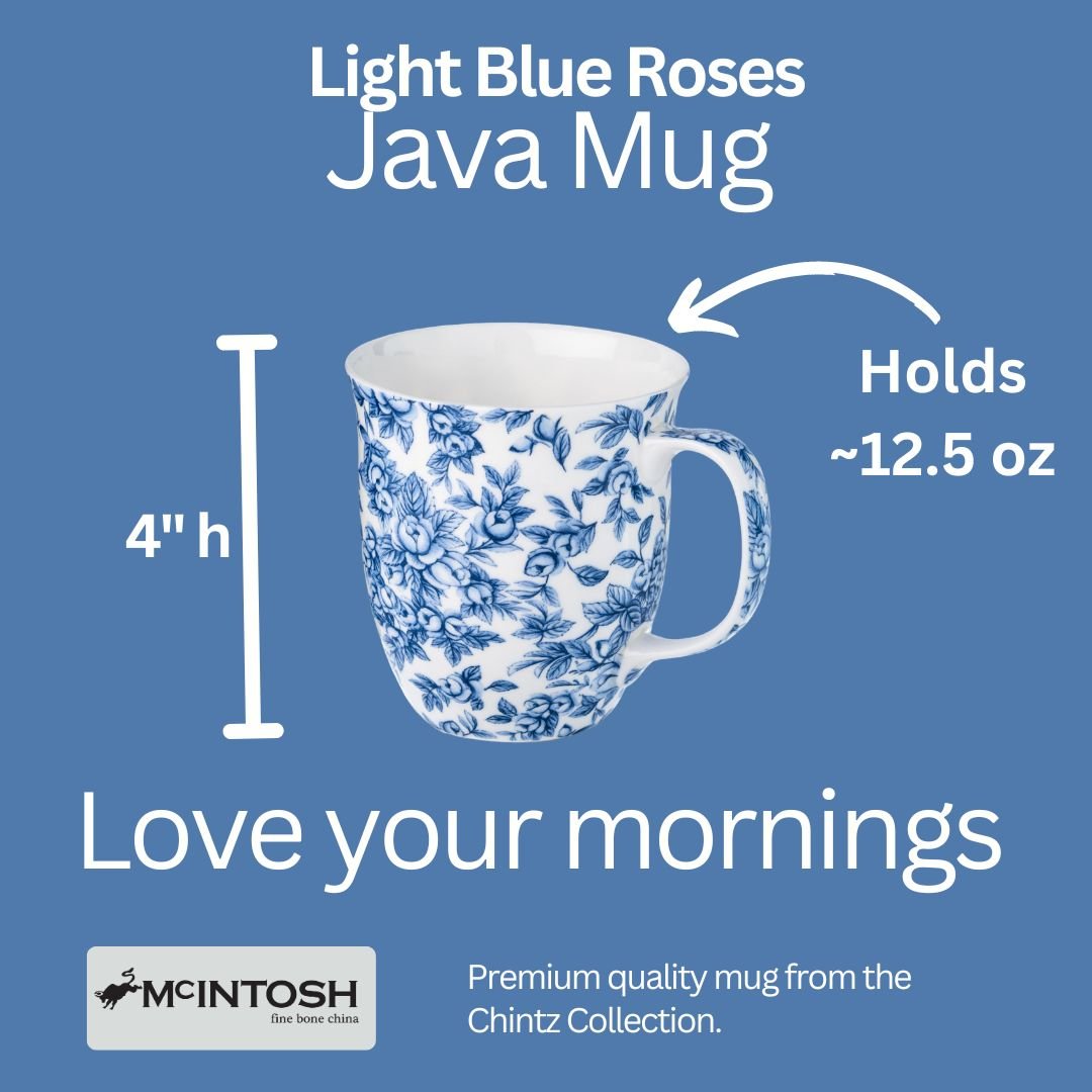 Chintz Light Blue Roses Java Mug size guide in fine bone china, 375 ml (12.5 oz) capacity, 4 in height