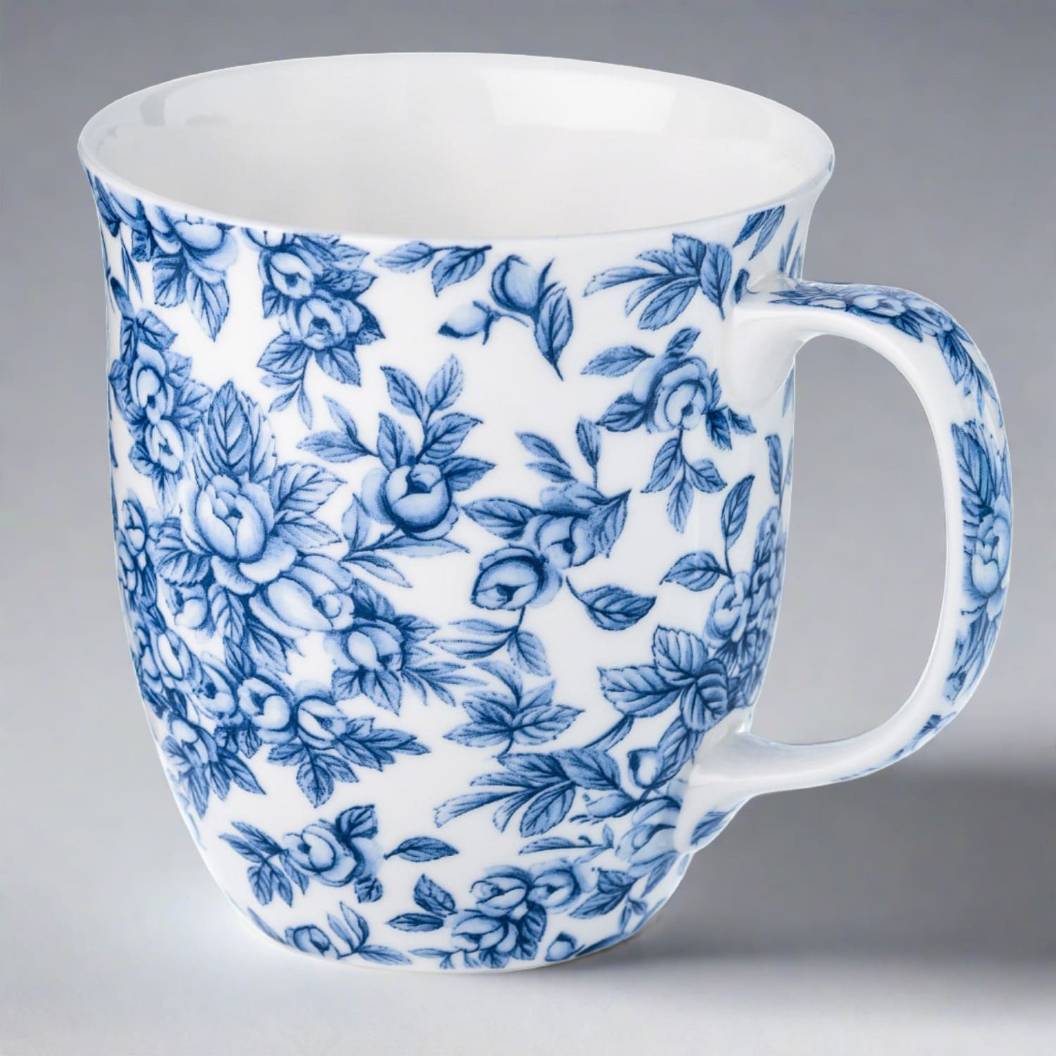 Chintz Light Blue Roses Java Mug with matching gift box, fine bone china, grey background