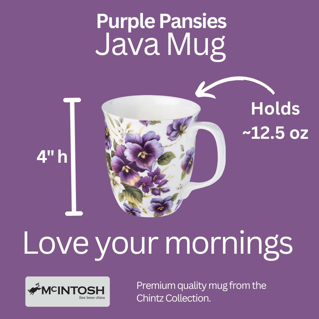 Chintz Purple Pansies Java Mug size guide in fine bone china, 375 ml (12.5 oz) capacity, 4 in height