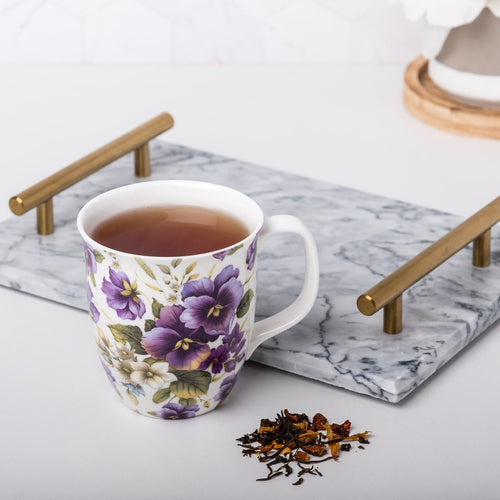 Chintz Purple Pansies Java Mug, lifestyle image styled on a countertop with tea