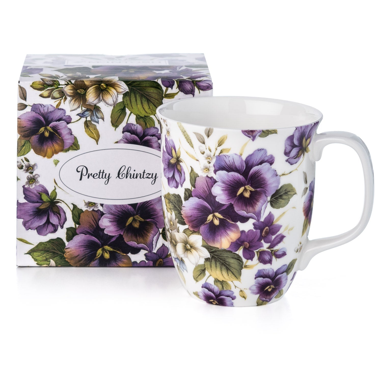 Chintz Purple Pansies Java Mug with matching gift box, fine bone china