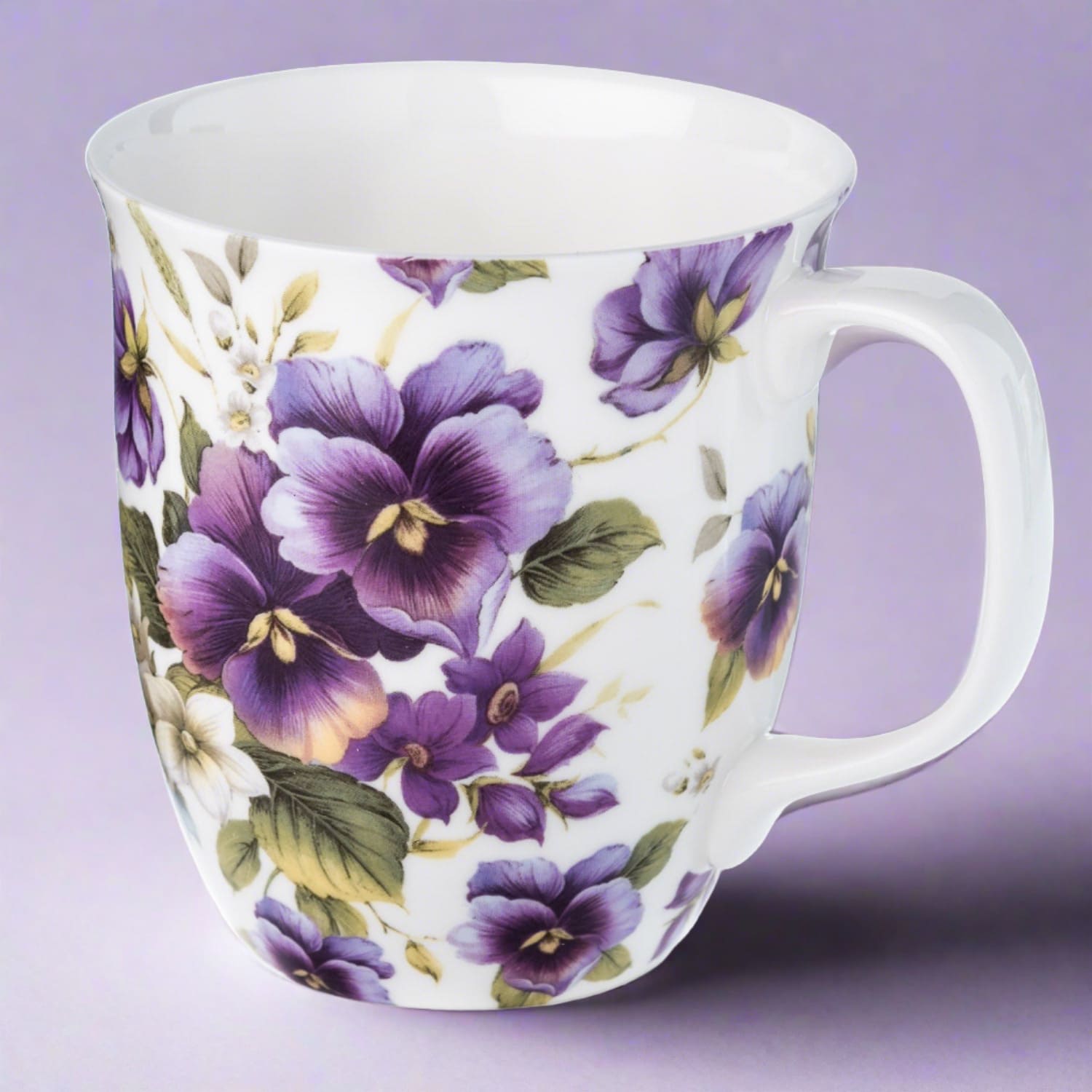 Chintz Purple Pansies Java Mug in fine bone china, front view, handle right, purple background