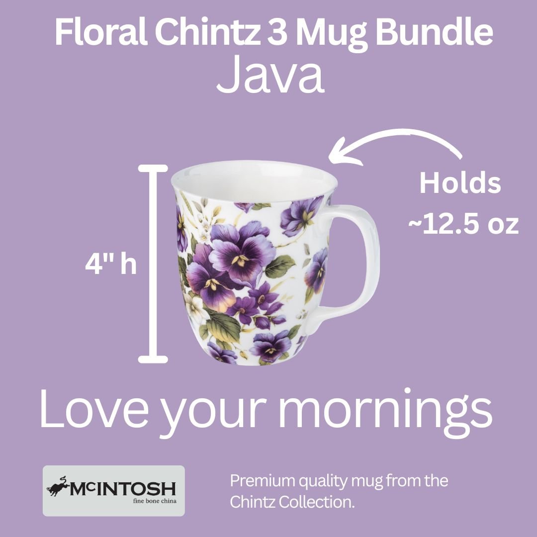 Chintz Purple Pansies Java Mug size guide in fine bone china, 375 ml (12.5 oz) capacity, 4 in height
