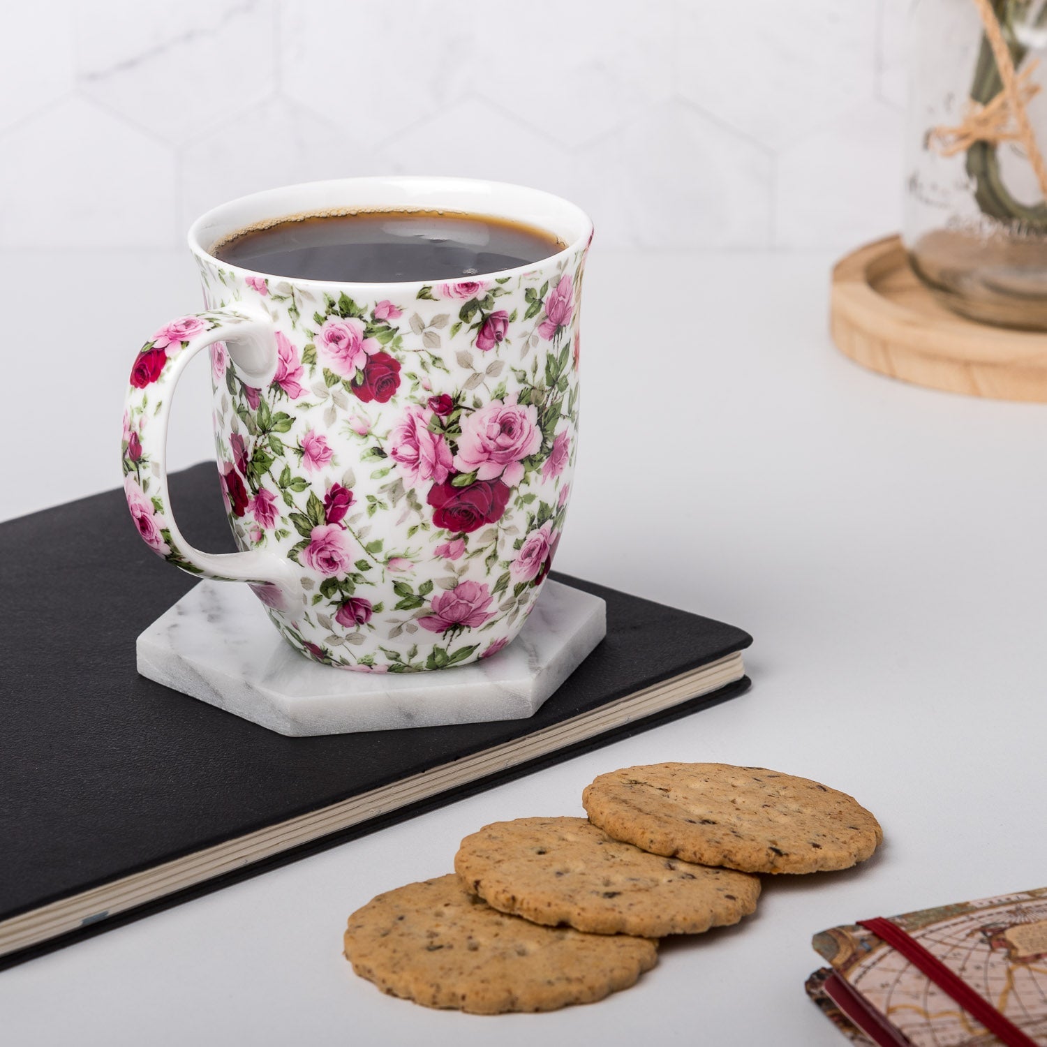 Chintz Red & Pink Roses Java Mug, lifestyle image styled on a countertop with coffee