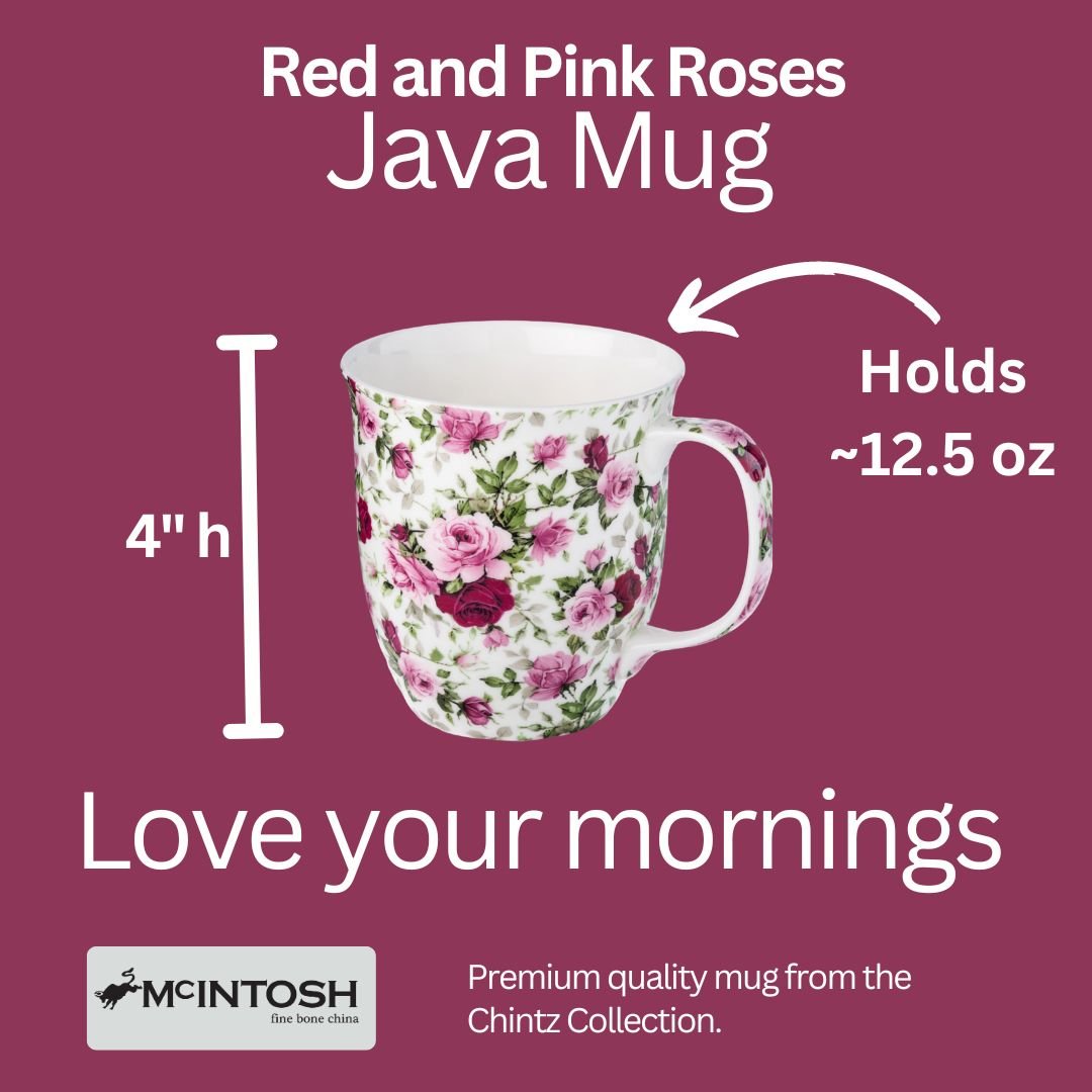 Chintz Red & Pink Roses Java Mug size guide in fine bone china, 375 ml (12.5 oz) capacity, 4 in height