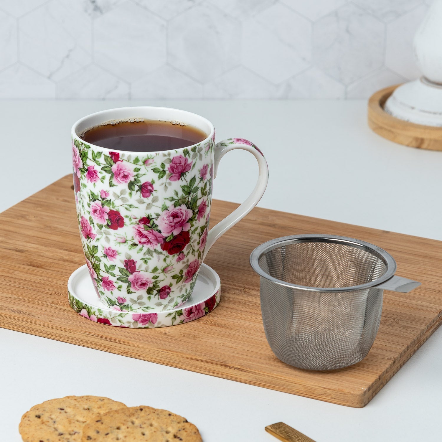 Chintz Red & Pink Roses Tea Mug w/ Infuser and Lid | NEW for 2024 - McIntosh Shop
