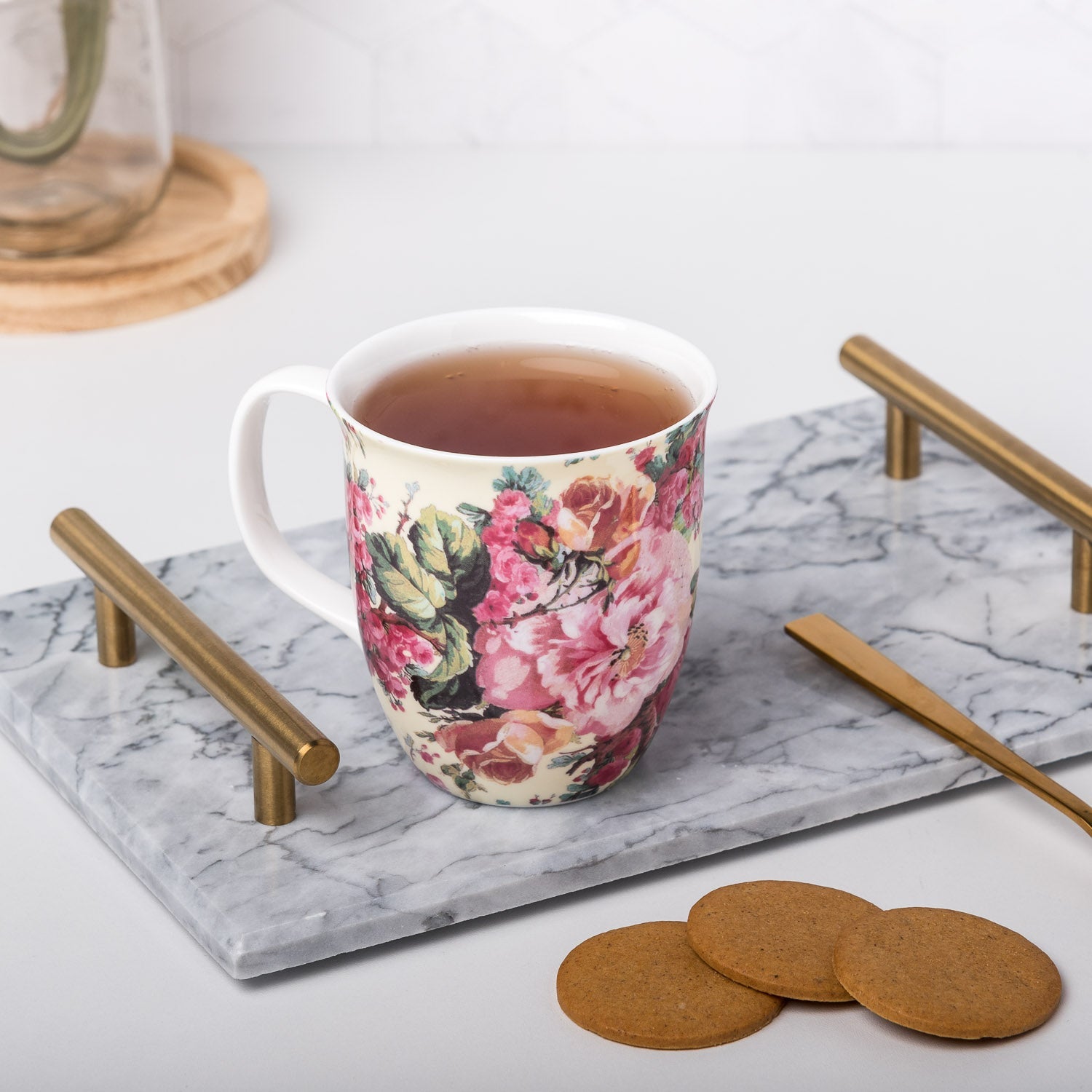 Chintz Rose Bouquet Java Mug, lifestyle image styled on a countertop with tea