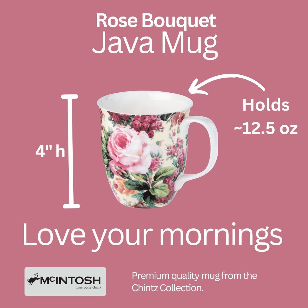 Chintz Rose Bouquet Java Mug size guide in fine bone china, 375 ml (12.5 oz) capacity, 4 in height