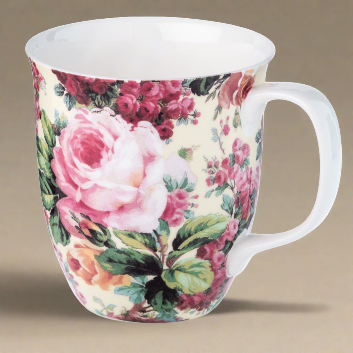 Chintz Rose Bouquet Java Mug in fine bone china, front view, handle right, brown background