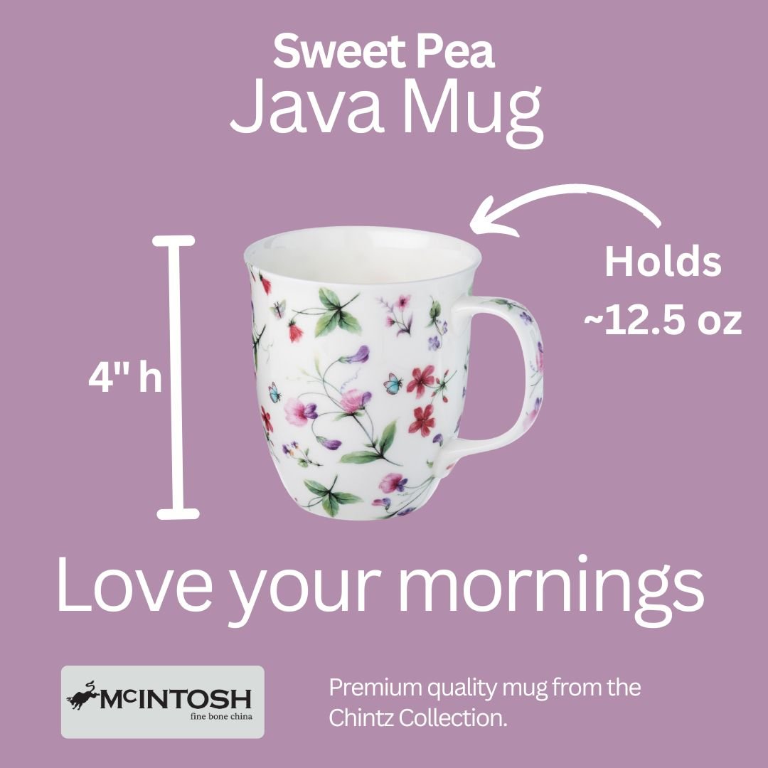 Chintz Sweet Pea Java Mug size guide in fine bone china, 375 ml (12.5 oz) capacity, 4 in height