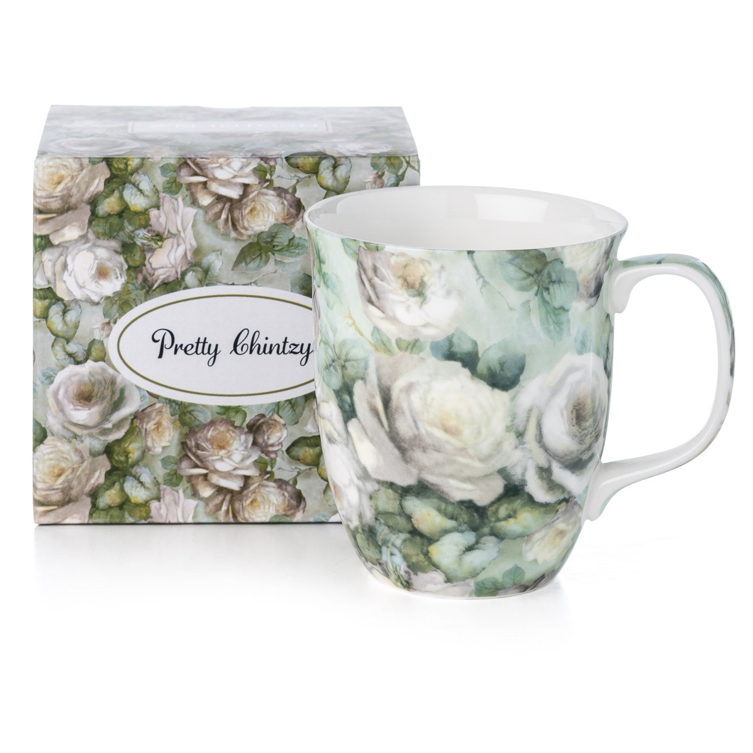 Chintz White Roses Java Mug with matching gift box, fine bone china