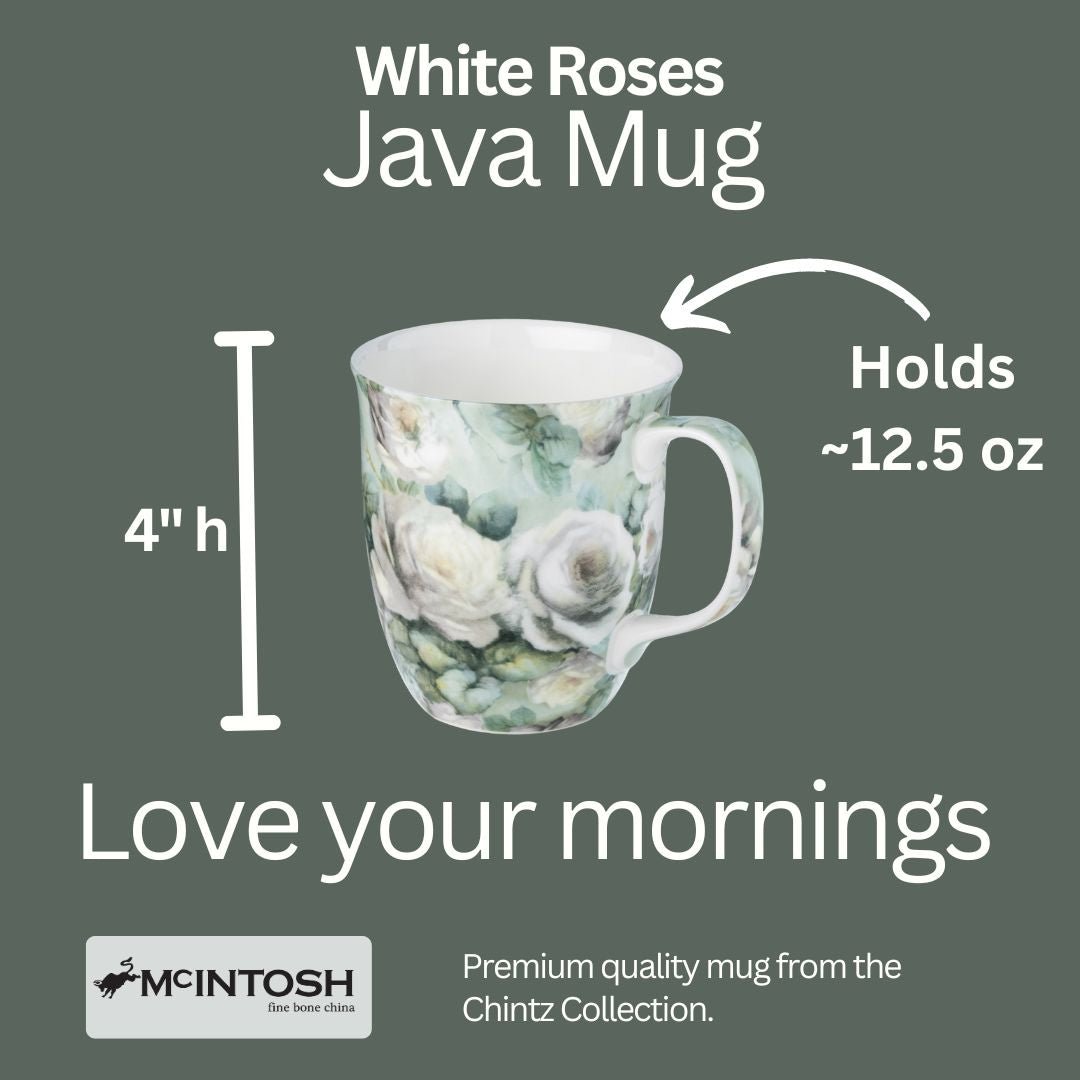 Chintz White Roses Java Mug size guide in fine bone china, 375 ml (12.5 oz) capacity, 4 in height