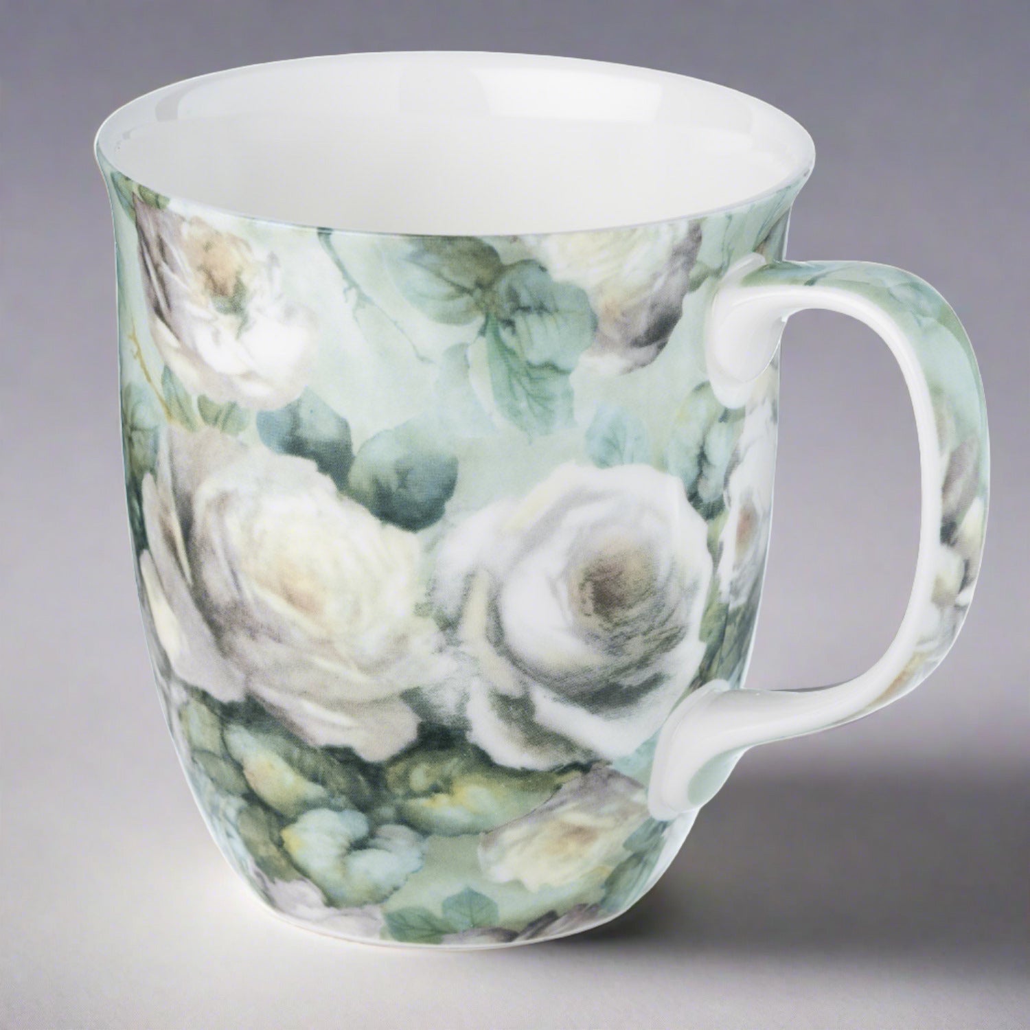 Chintz White Roses Java Mug in fine bone china, front view, handle right, grey background