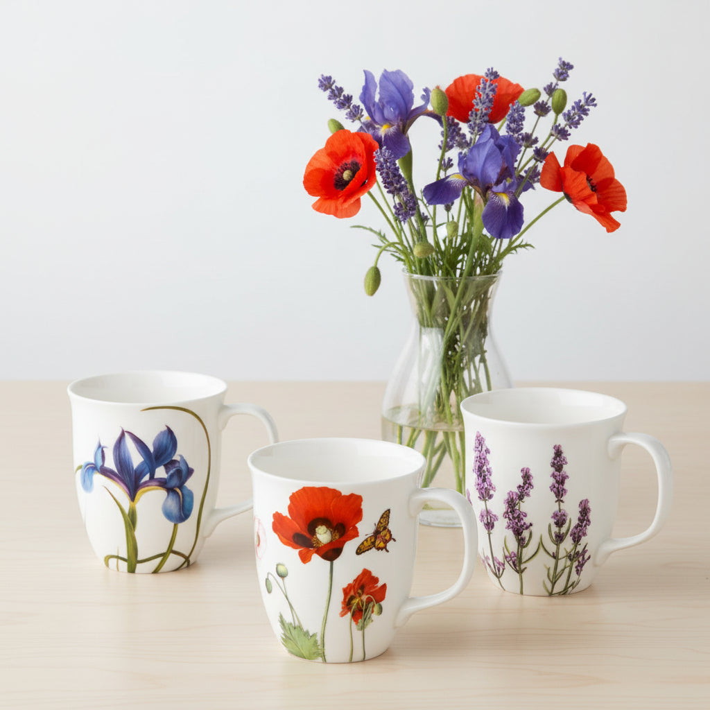 Garden Collection Poppies, Blue Iris, Lavender Java Mugs, lifestyle image styled on a dining table with flowers