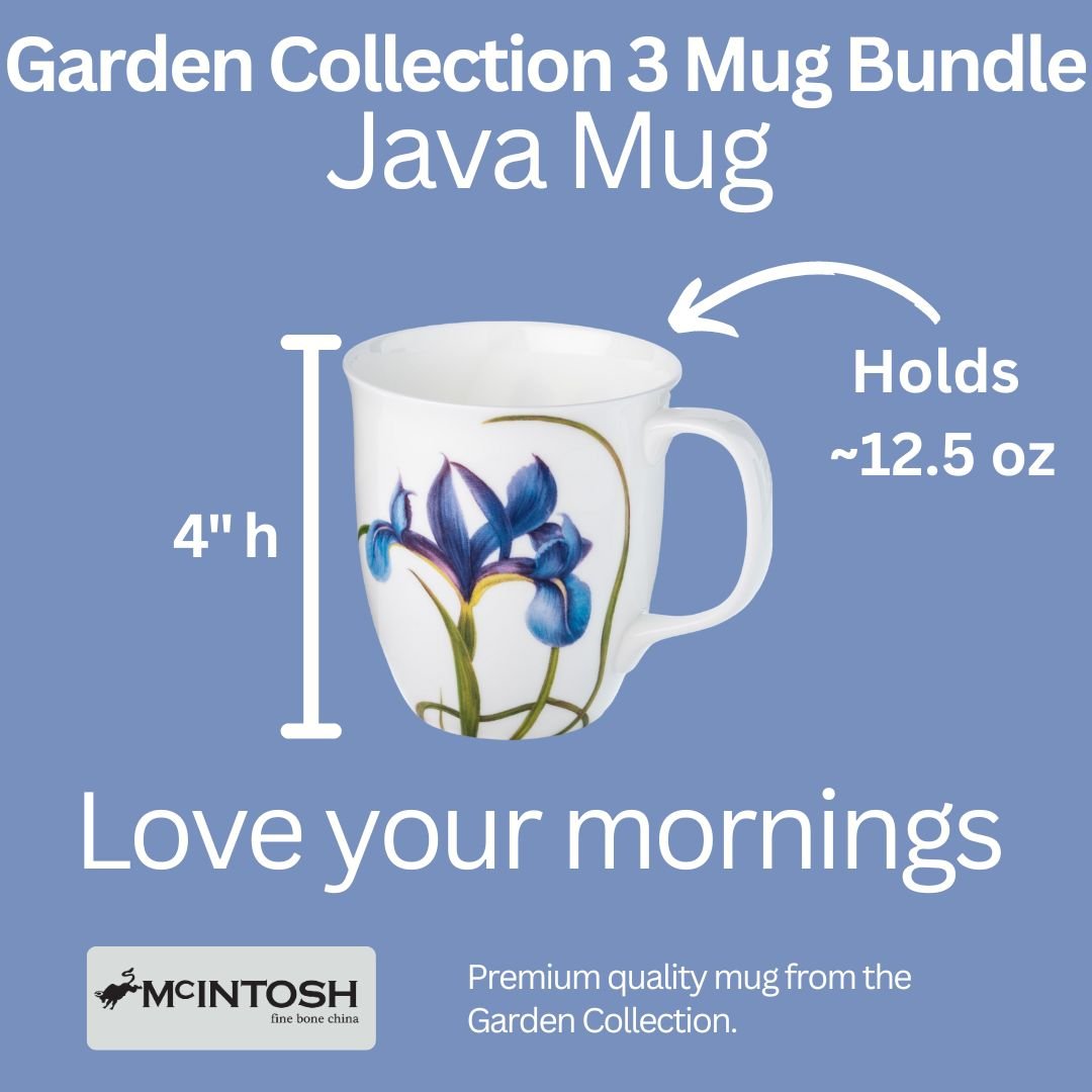 Blue Iris Java Mug size guide in fine bone china, 375 ml (12.5 oz) capacity, 4 in height