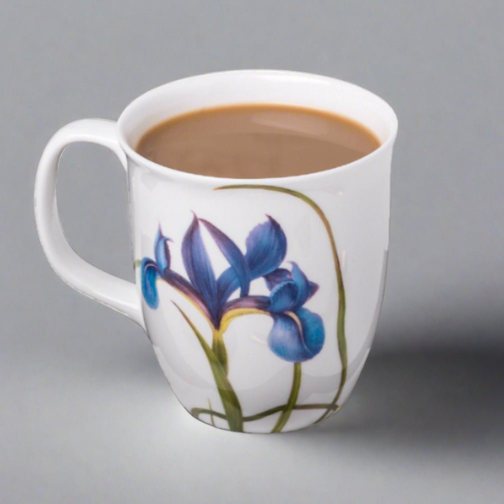 Garden Collection Blue Iris Java Mug in fine bone china, front view, handle left, grey background