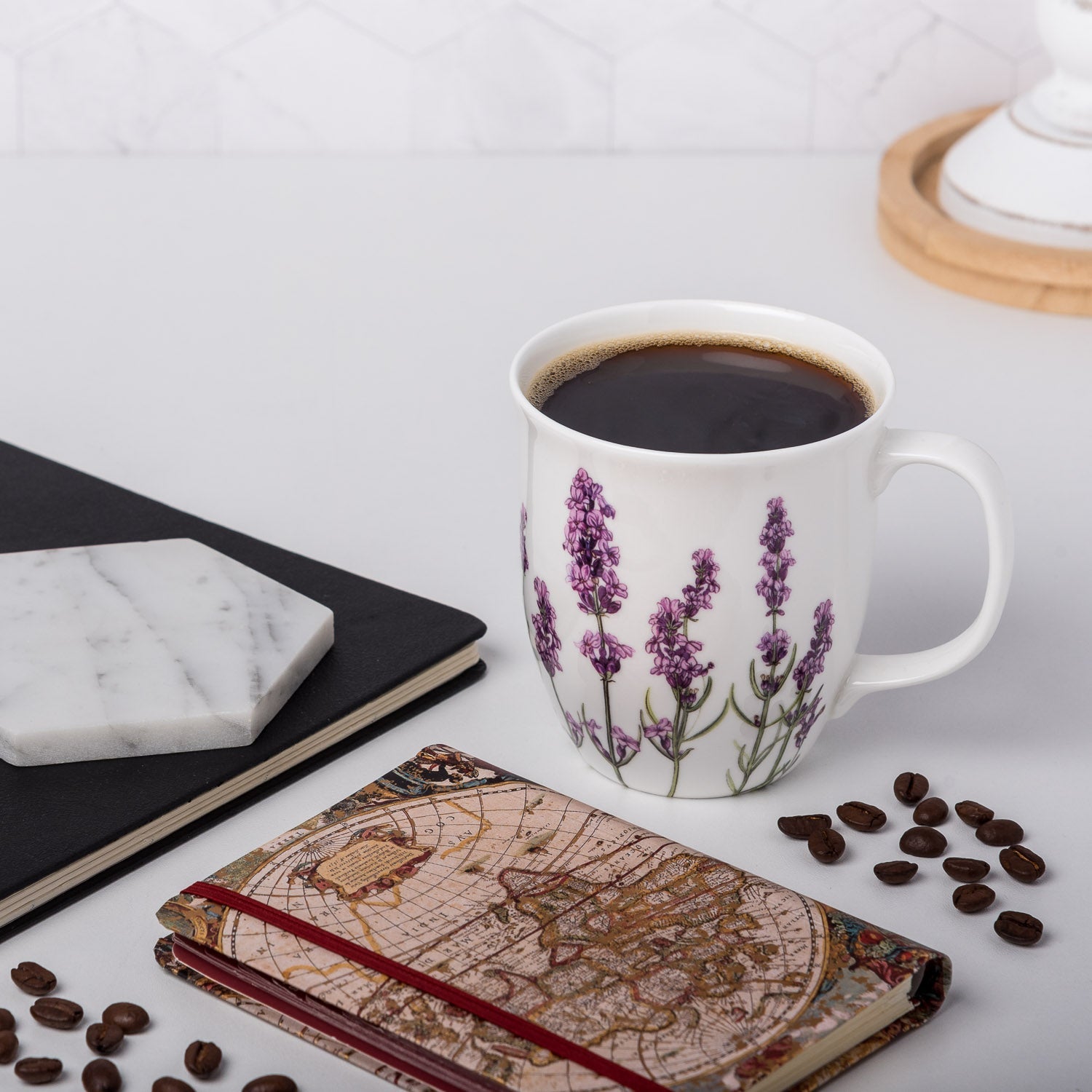 Garden Collection Lavender Java Mug, lifestyle image styled on a countertop with coffee