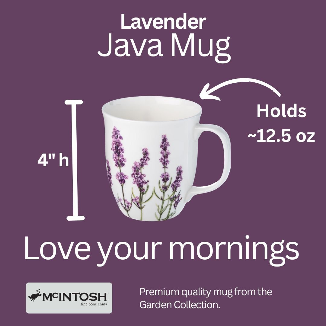 Garden Collection Lavender Java Mug size guide in fine bone china, 375 ml (12.5 oz) capacity, 4 in height