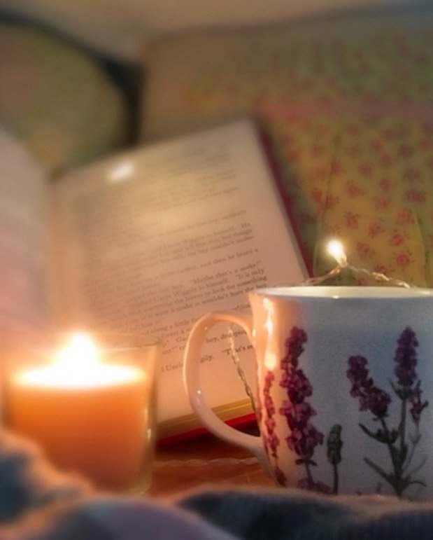 Garden Collection Lavender Java Mug, lifestyle image styled in a cozy living room with tea