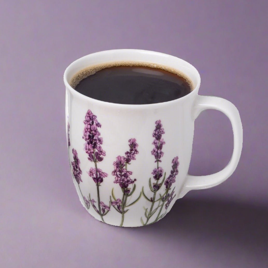 Garden Collection Lavender Java Mug, lifestyle image styled with coffee, purple background