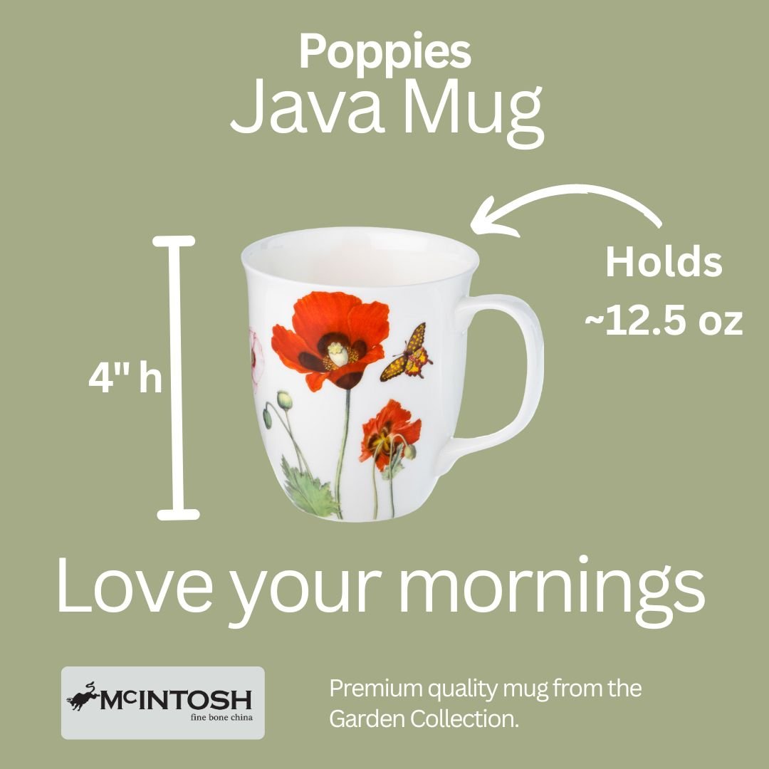 Garden Collection Poppies Java Mug size guide in fine bone china, 375 ml (12.5 oz) capacity, 4 in height
