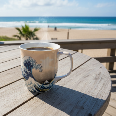 Hokusai The Great Wave Java Mug, lifestyle image styled on a beachside balcony with coffee
