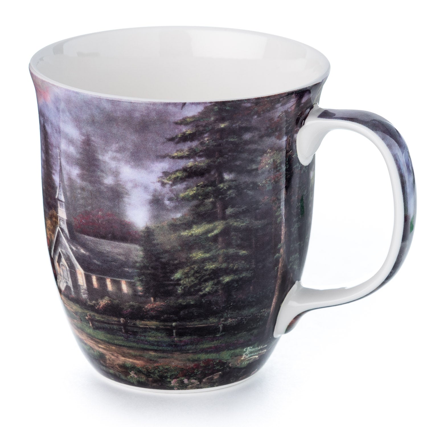 Thomas Kinkade Valley Chapel Java mug from the Chapels of Nature collection, 12.5 oz (375 ml) fine bone china mug, front view handle right