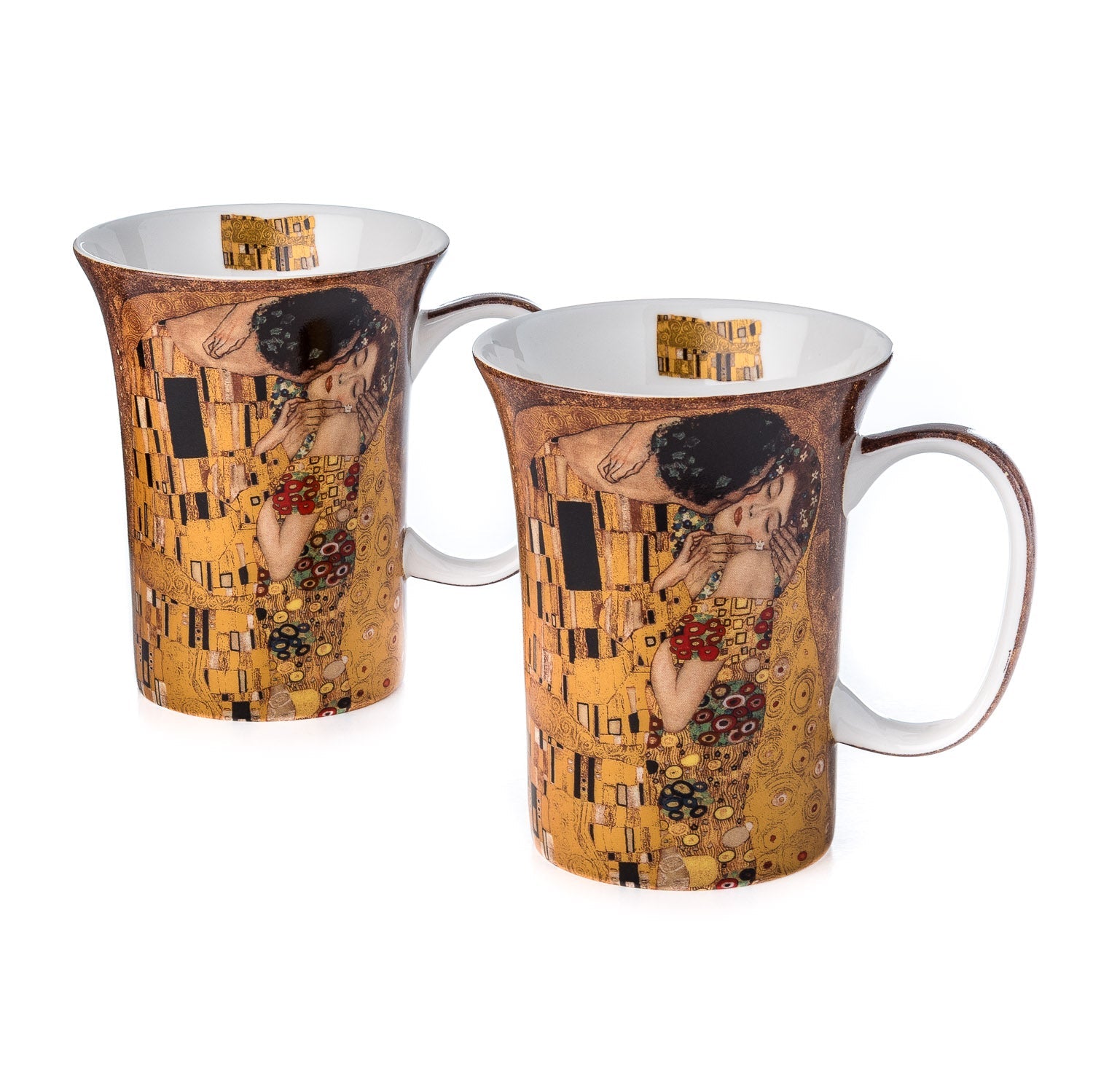 Gustav Klimt The Kiss mug set of two, 11 oz (325 ml) fine bone china mugs with gold art design, white background