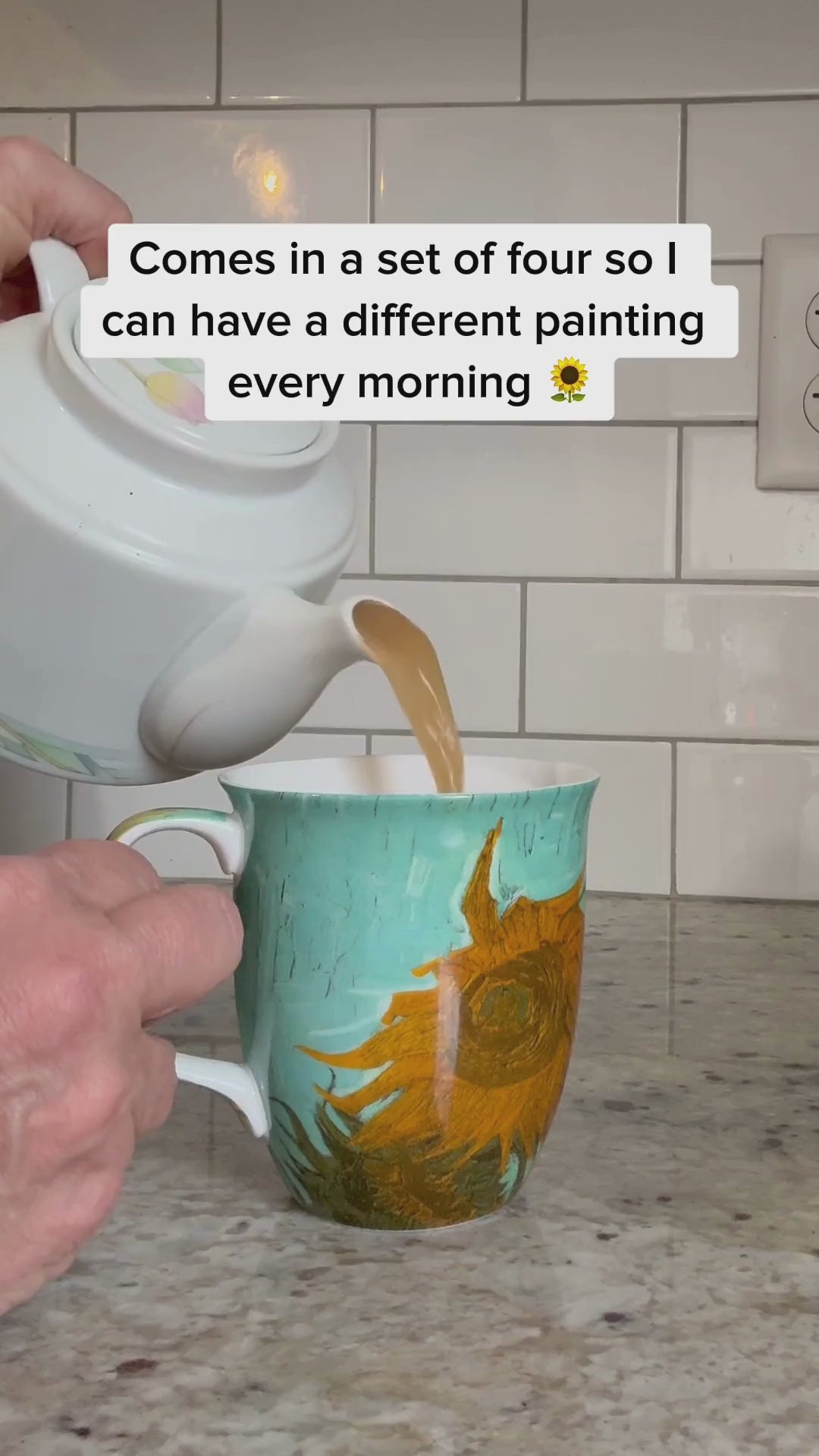 Van Gogh Sunflowers Java Mug, product video preview, styled on a countertop with tea