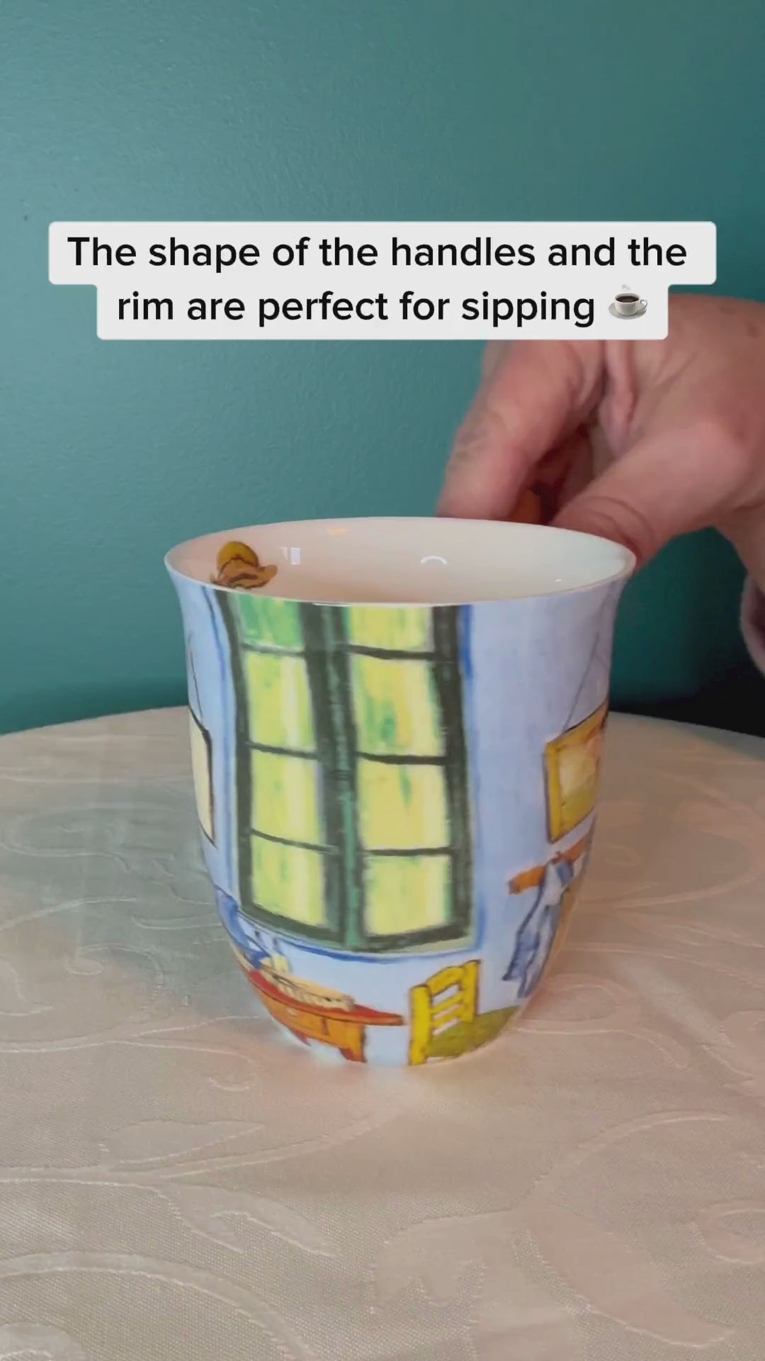 Van Gogh Bedroom at Arles Java Mug, product video preview, styled on a dining table
