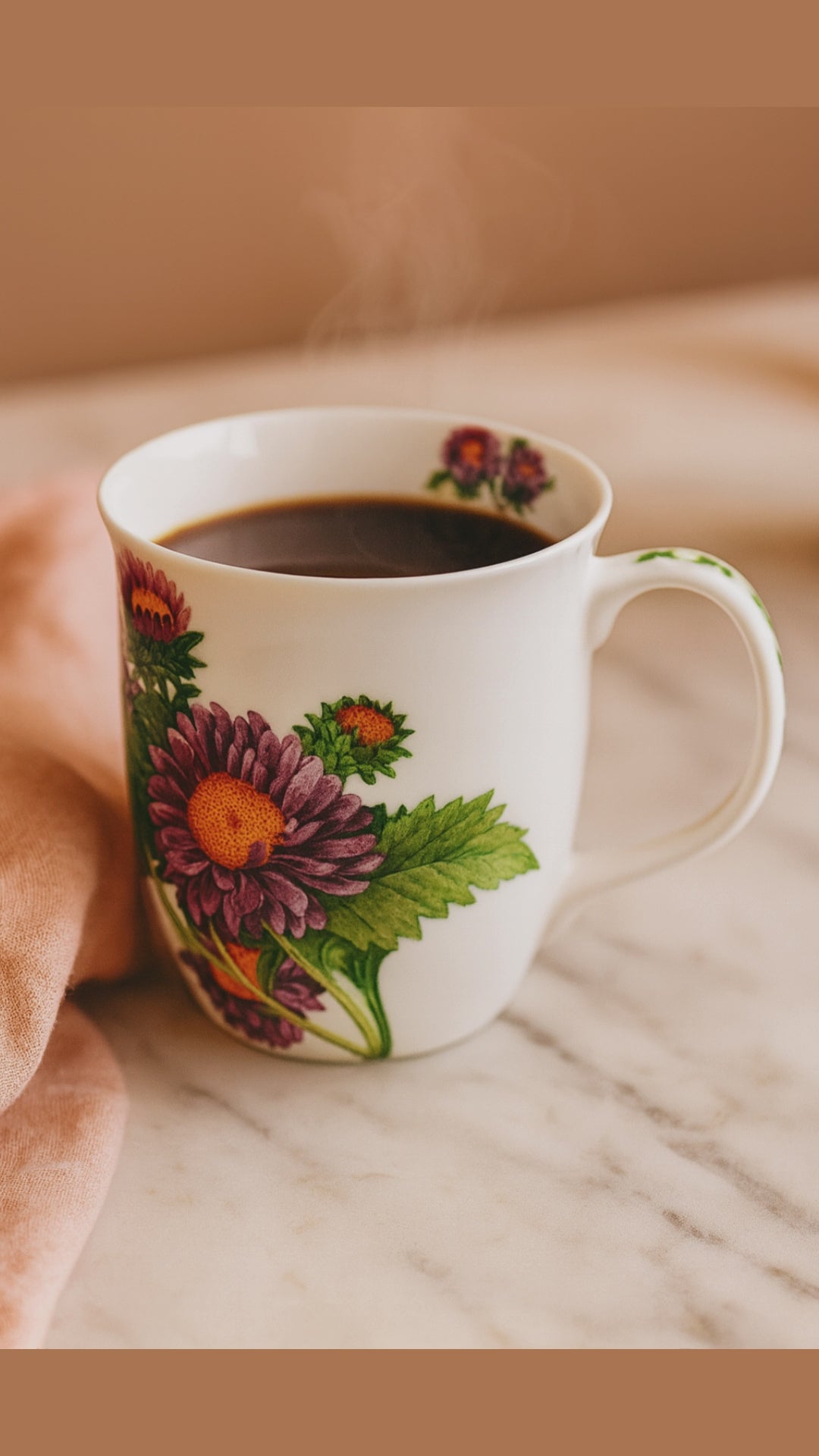 Michaelmas Daisy Java Mug in fine bone china, product video preview, styled dining table, Natural sunlight