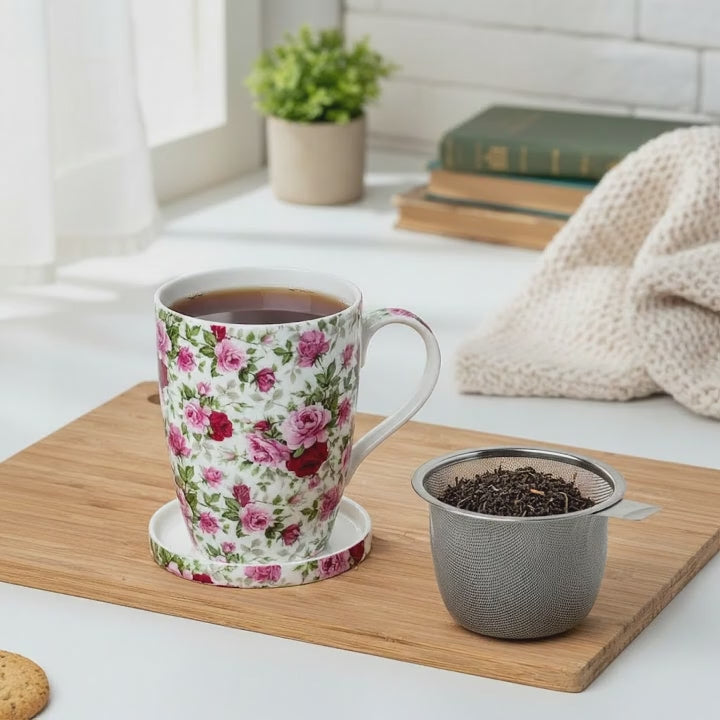 Chintz Red & Pink Roses Tea Mug w/ Infuser and Lid