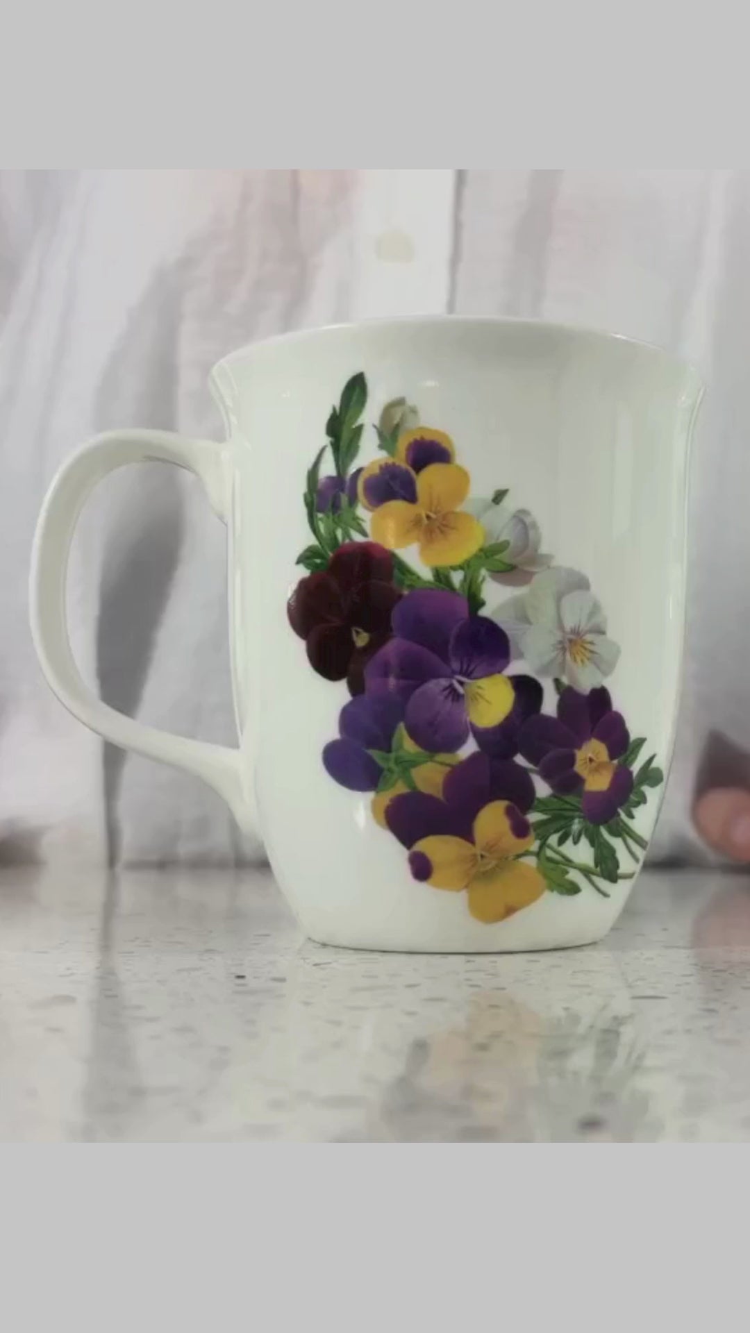 Botanical Flowers Viola Java Mug, product video preview, lifestyle image