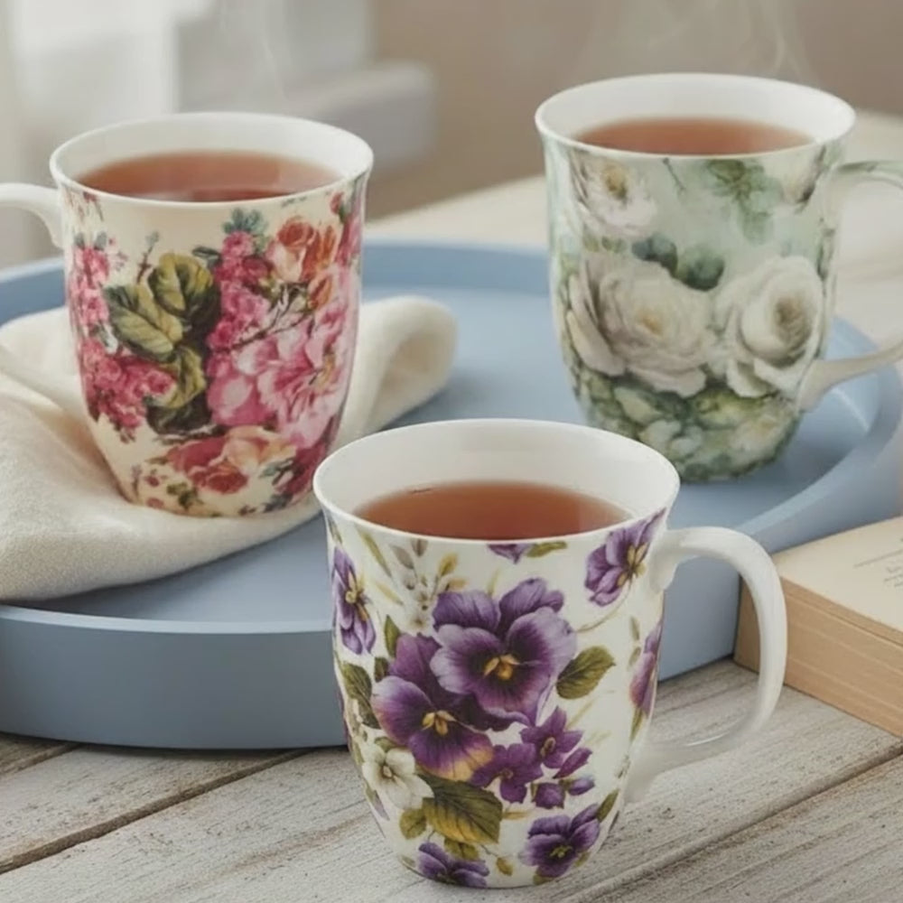 Floral Chintz mug bundle of three featuring Rose Bouquet, Purple Pansies and White Roses, Java Mug, product video preview, styled on a countertop with tea
