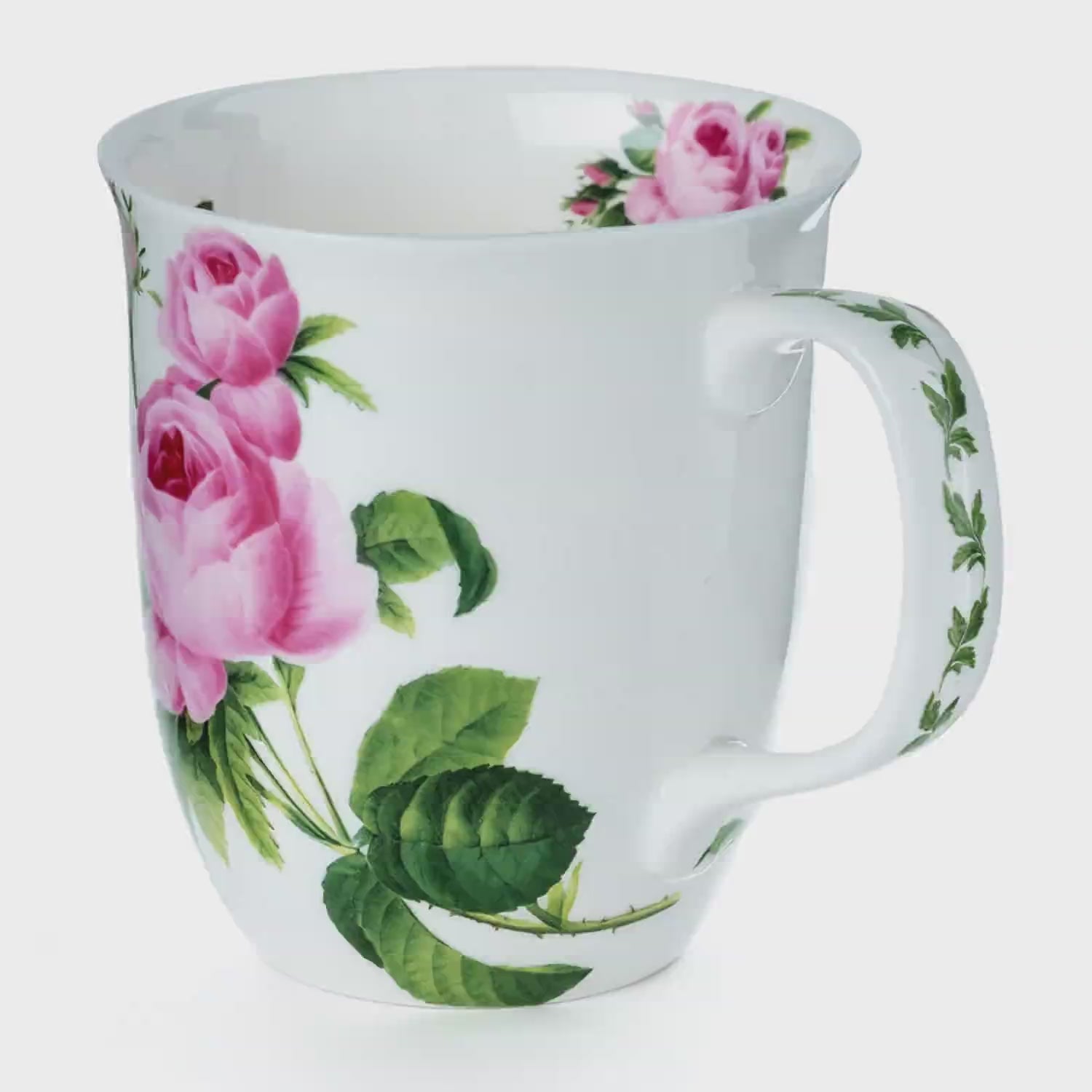 Botanical Flowers Pink Rose Java Mug, product video preview, lifestyle image