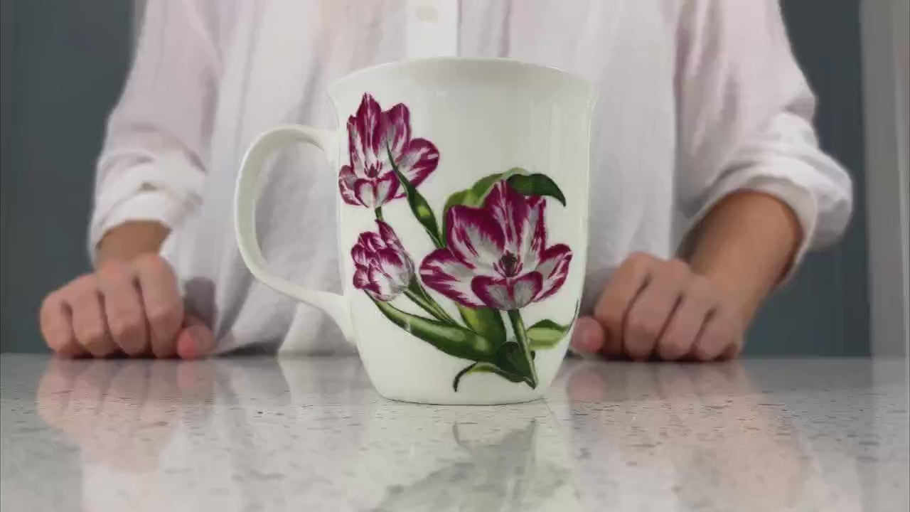 Botanical Flowers Tulips Java Mug, product video preview, lifestyle image
