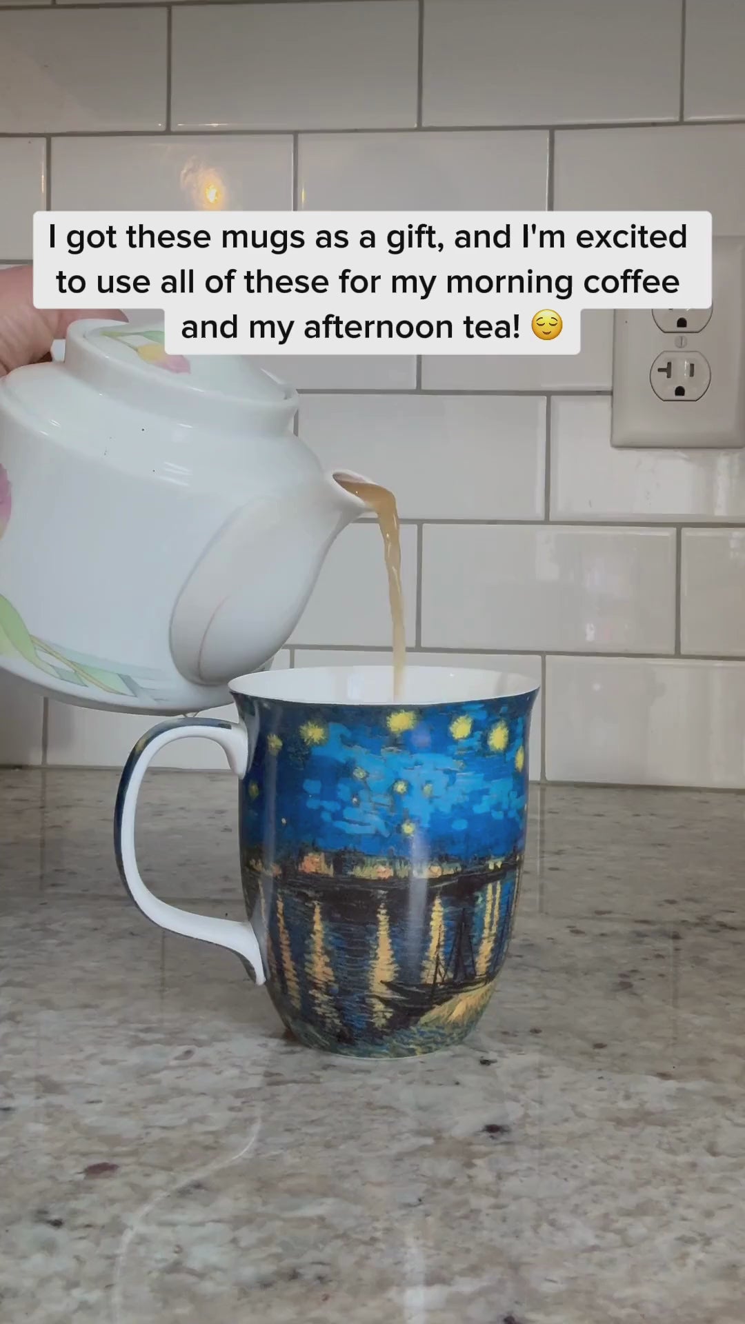 Starry Night Over The Rhone Java Mug, product video preview, styled on a countertop with tea