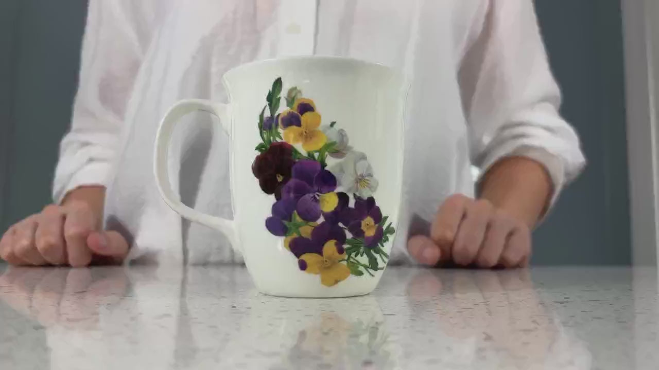 Botanical Flowers Viola Java Mug, product video preview, lifestyle image 2