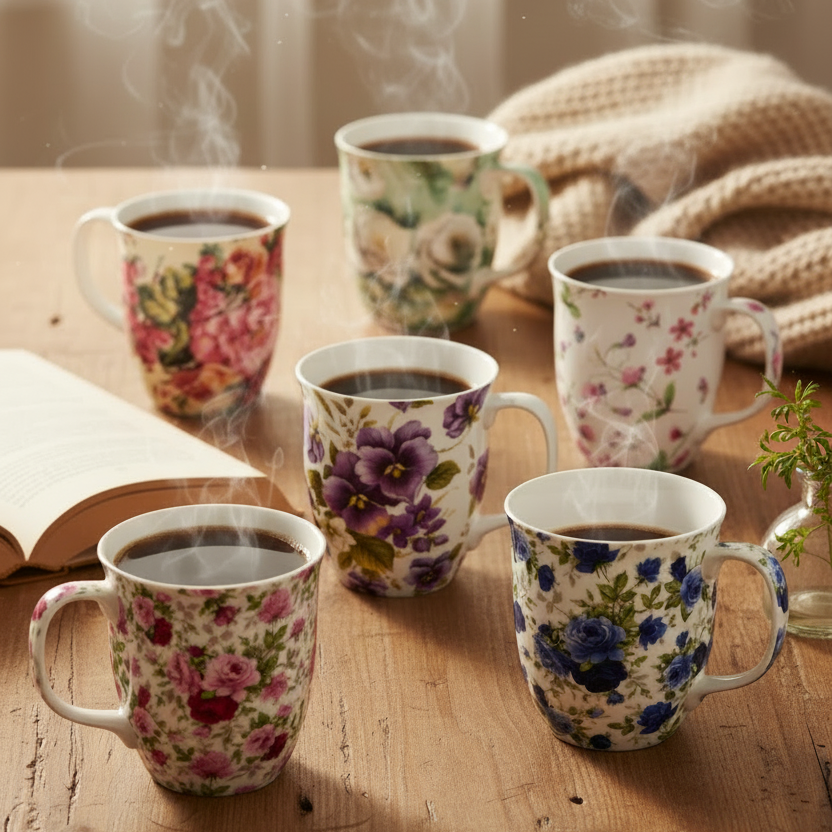 Red and pink roses, Dark blue Roses, White Roses, Sweet Pea, Rose Bouquet and Purple Pansies Java Mugs, lifestyle image styled on a cozy dining table with coffee