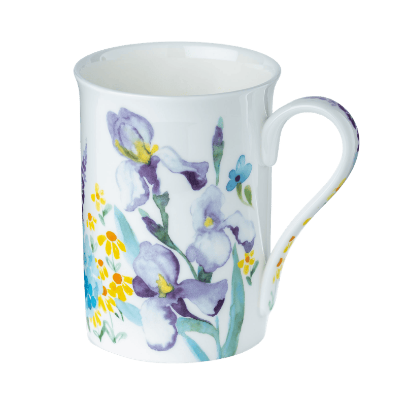 Watercolours Purple Classico mug fine bone china 12.5 oz with purple watercolour floral design, front view handle right
